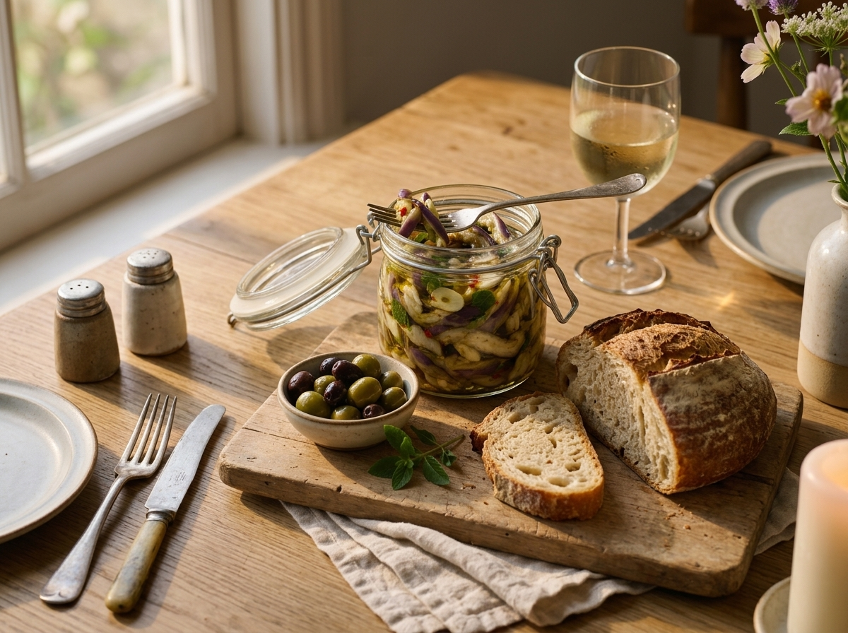 Rustic table setting with an open jar of melanzane sott'olio beside crusty bread, olives, and a glass of white wine in golden light