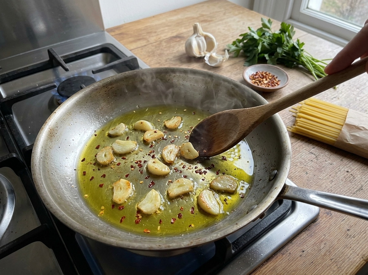 Thinly sliced garlic toasting in olive oil in a skillet with chile flakes being added, steam rising over the stovetop