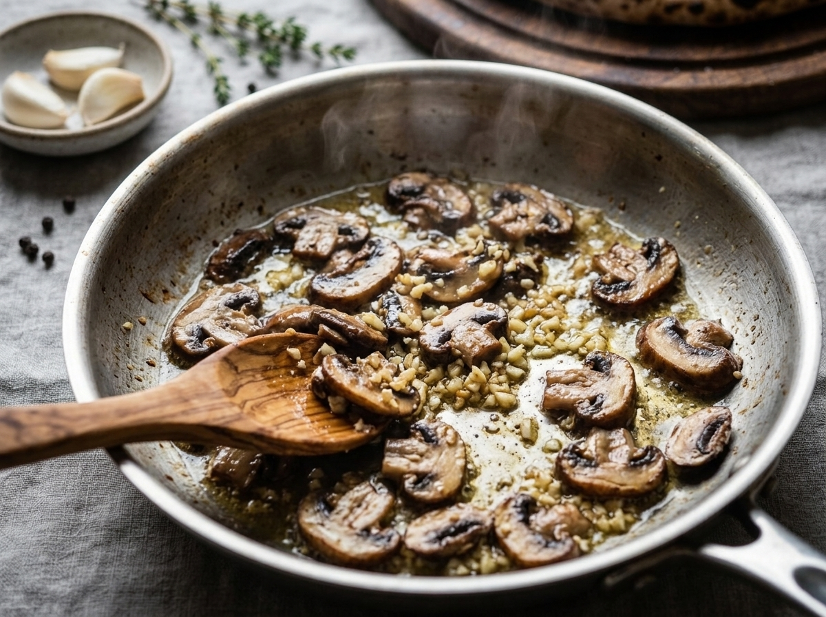 Sliced cremini mushrooms and garlic sauteing in a skillet until browned for pizza ai funghi topping