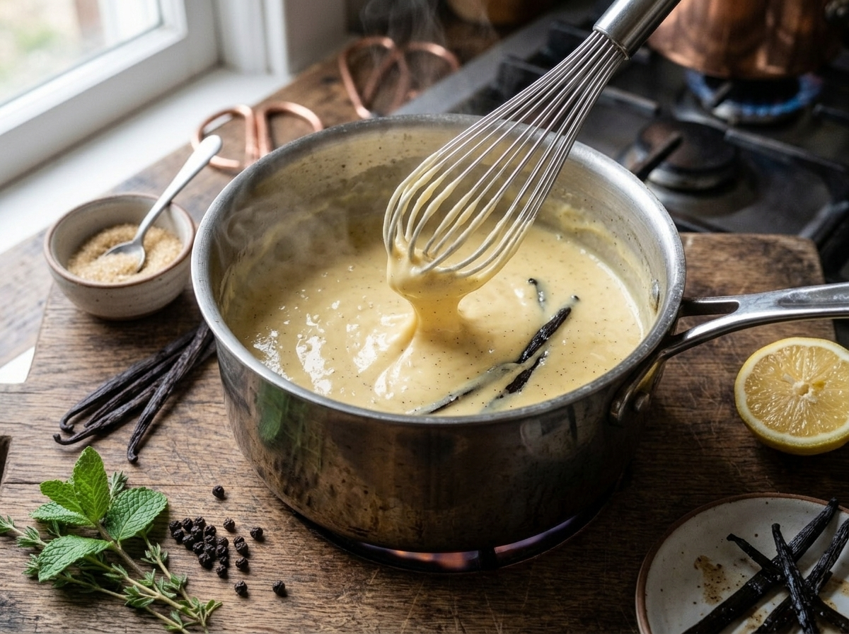 Crema pasticcera thickening in a saucepan while being whisked, steam rising and vanilla bean pieces visible in the custard