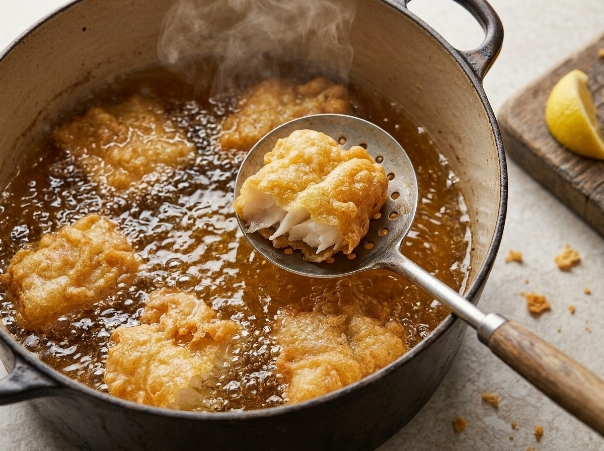 Battered baccalà frying in hot oil in a deep pot, crust turning golden as a slotted spoon lifts a piece out