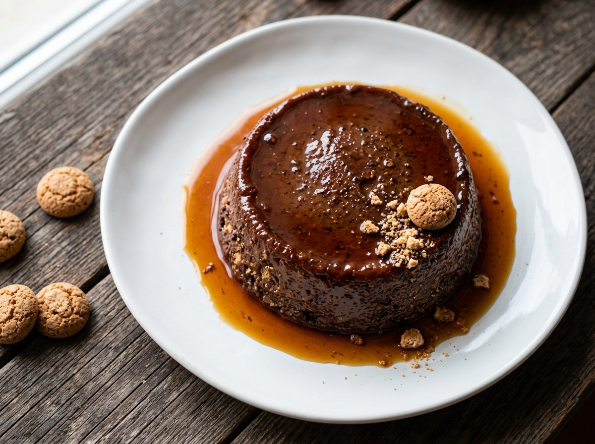 Unmolded bonet piemontese chocolate custard with caramel sauce pooling on a white plate beside whole amaretti cookies