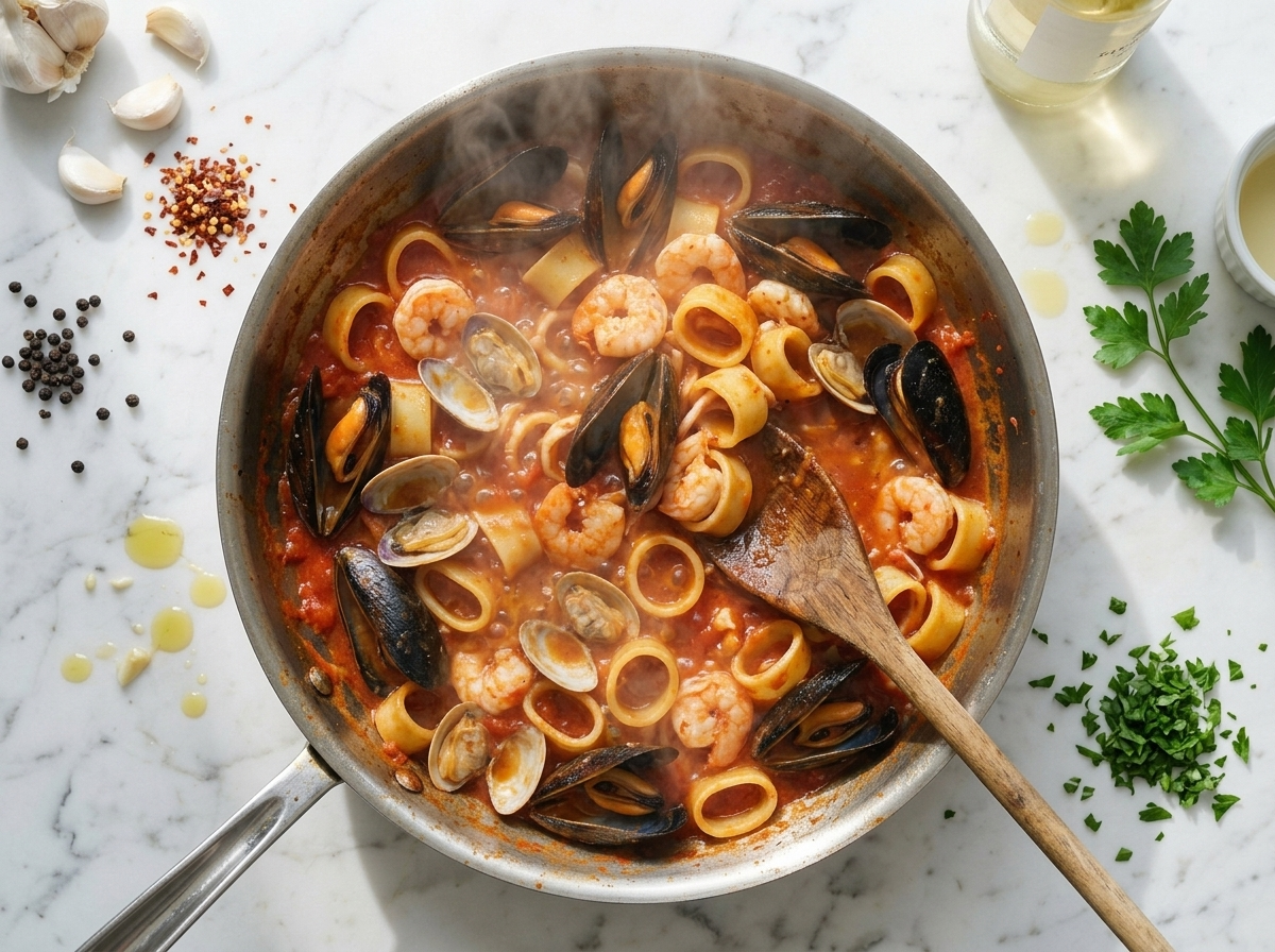 Mussels and clams steaming open in a bubbling white wine and garlic broth inside a wide stainless sauté pan.