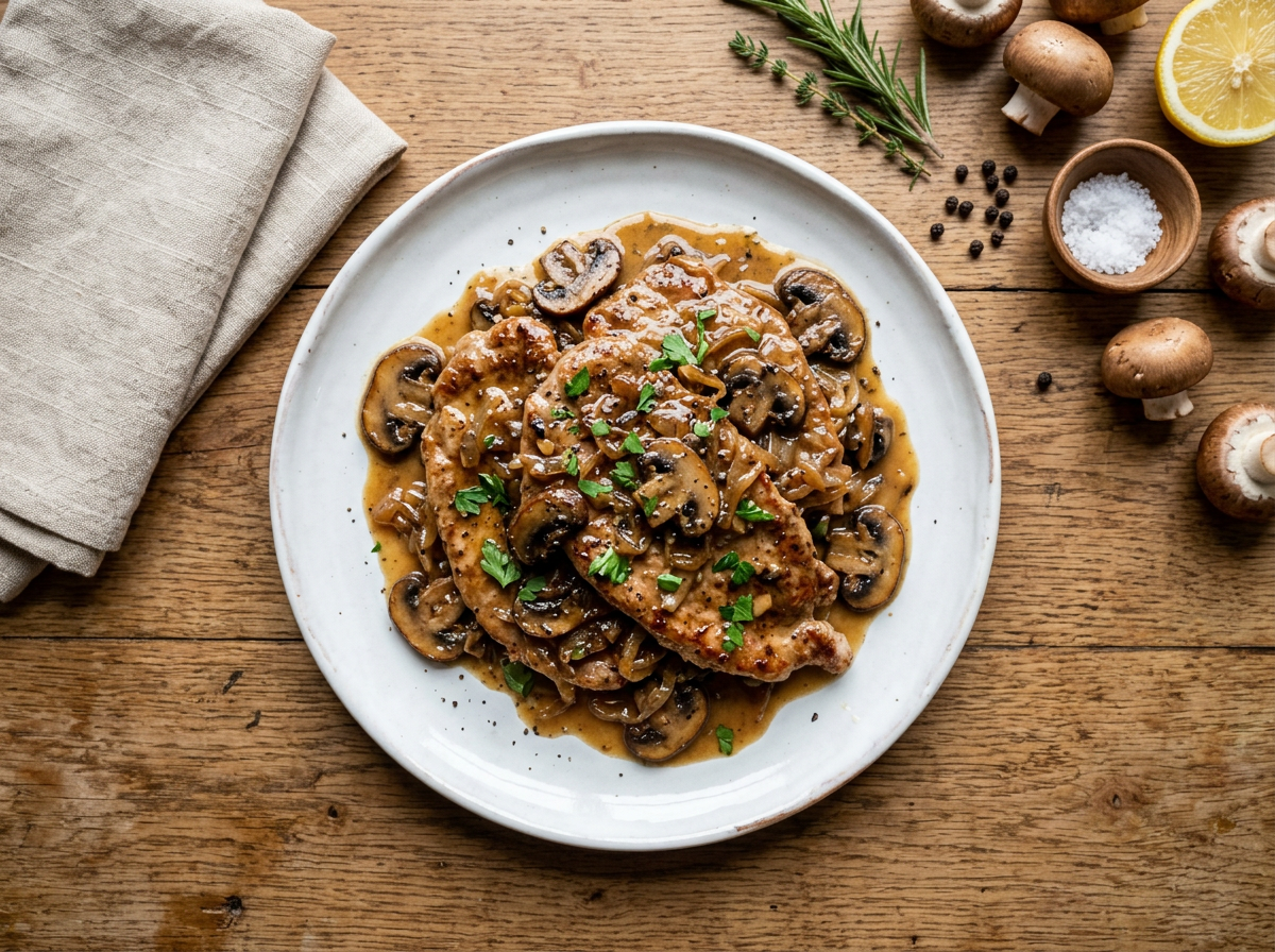 Seared veal scaloppine topped with mushroom and white wine sauce, parsley garnish, on a rustic wooden table