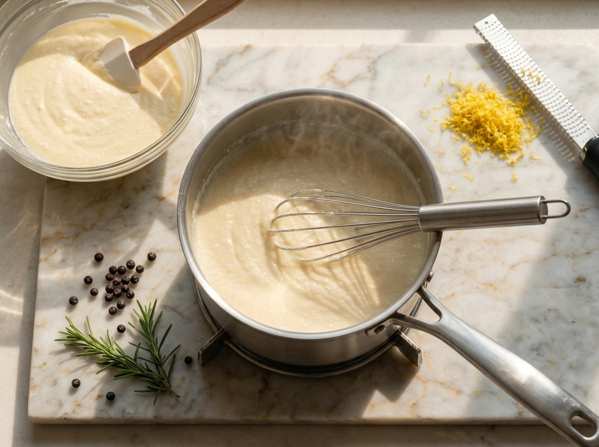 Whisking thick semolina porridge in a steel saucepan, pale ricotta batter waiting in a glass bowl nearby.