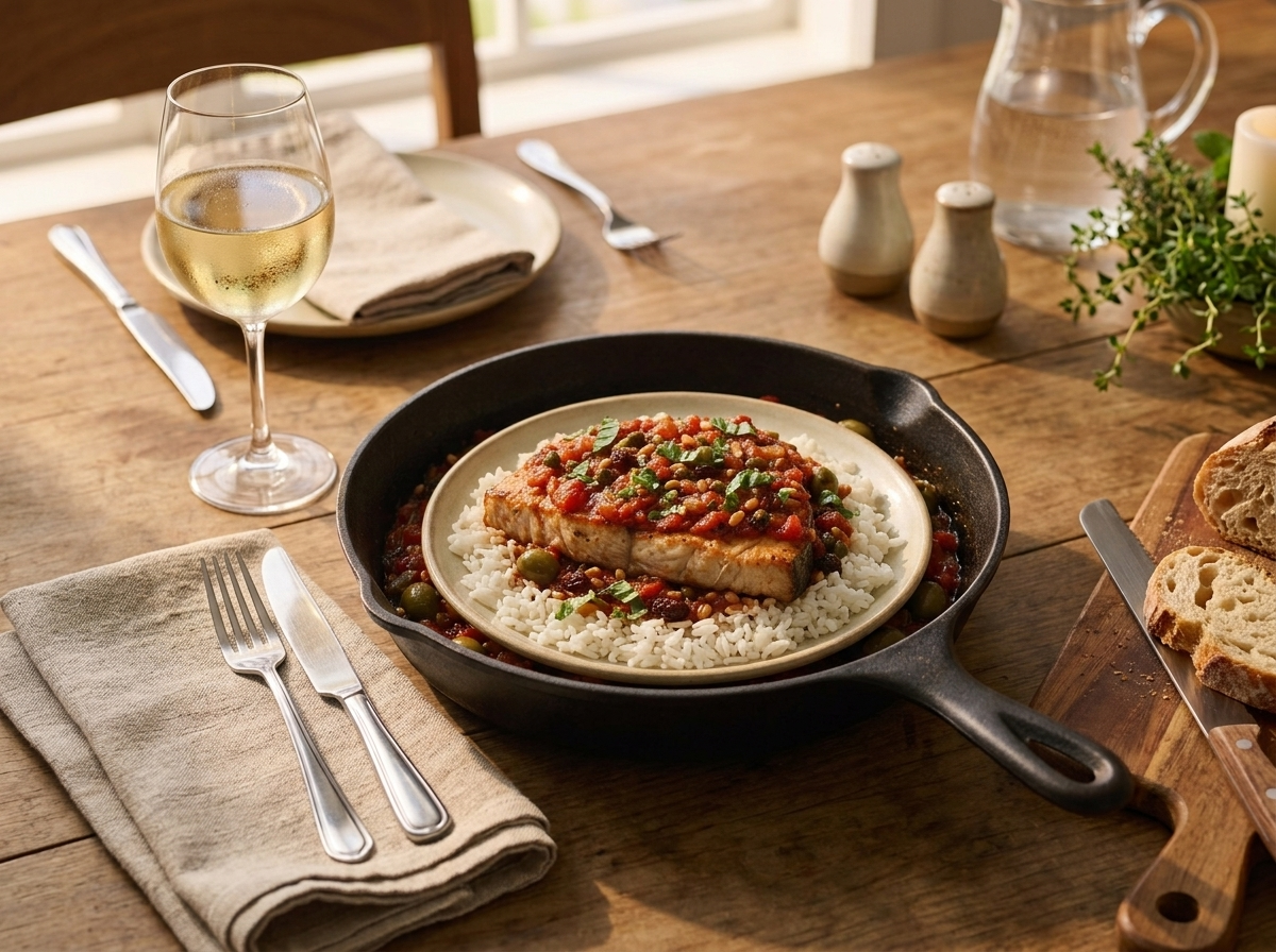 Plated swordfish alla ghiotta over rice with crusty bread and a glass of chilled white wine on a linen-covered table