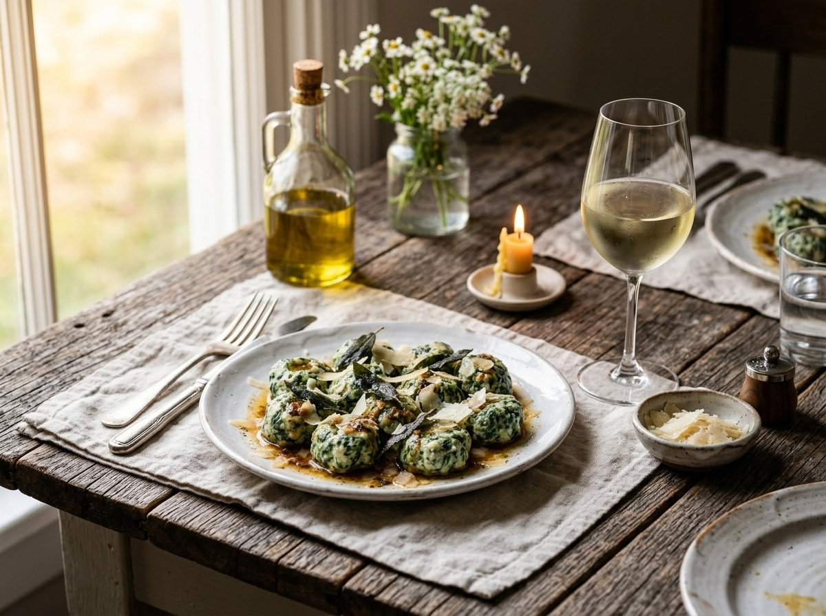 Plated malfatti in sage butter served on a linen napkin with a glass of white wine at the table