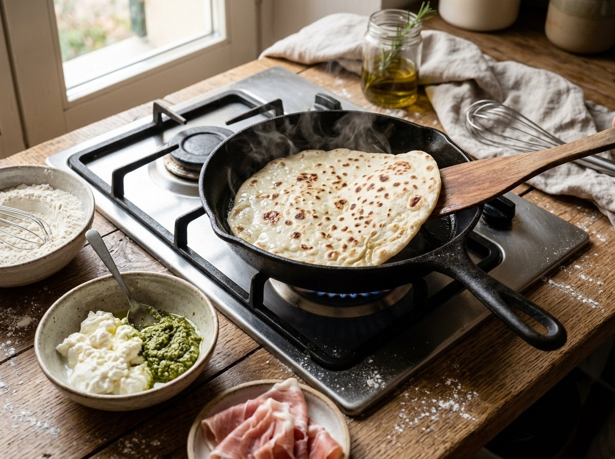 Thin panigacci batter cooking and bubbling in a hot cast iron skillet on the stovetop with a wooden spatula lifting the edge