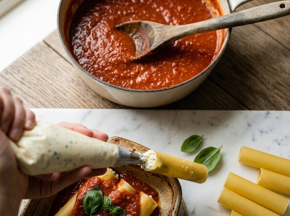 Hands piping ricotta and mozzarella filling into a dried cannelloni tube next to a pan of simmering tomato sauce