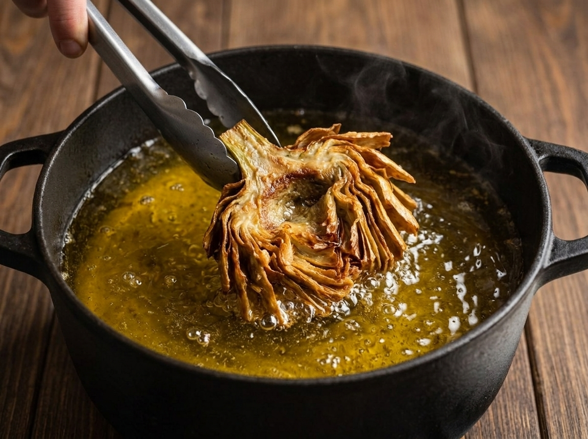 Whole artichoke frying in bubbling olive oil, held with tongs during the second crisping fry for carciofi alla giudia