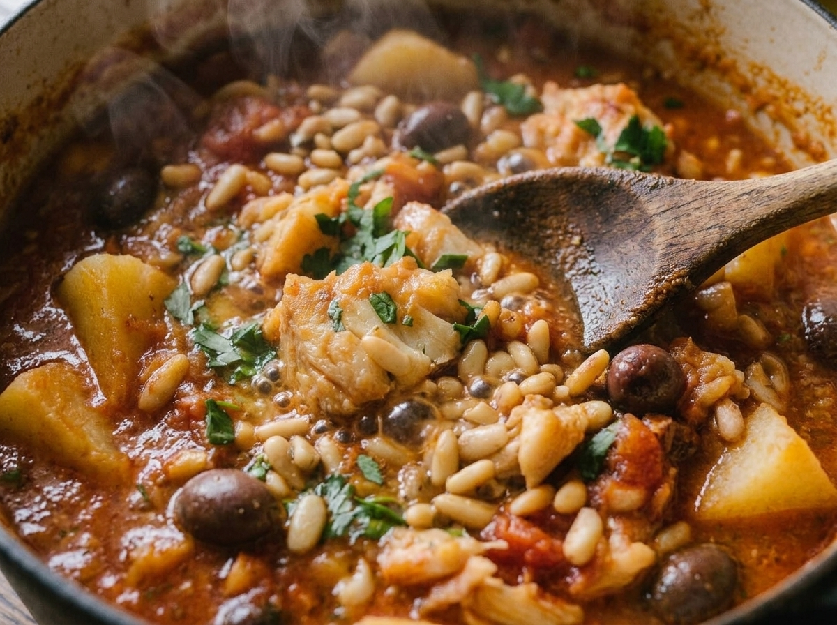 Stoccafisso alla genovese simmering in a Dutch oven with potato chunks and tomato sauce, wooden spoon stirring
