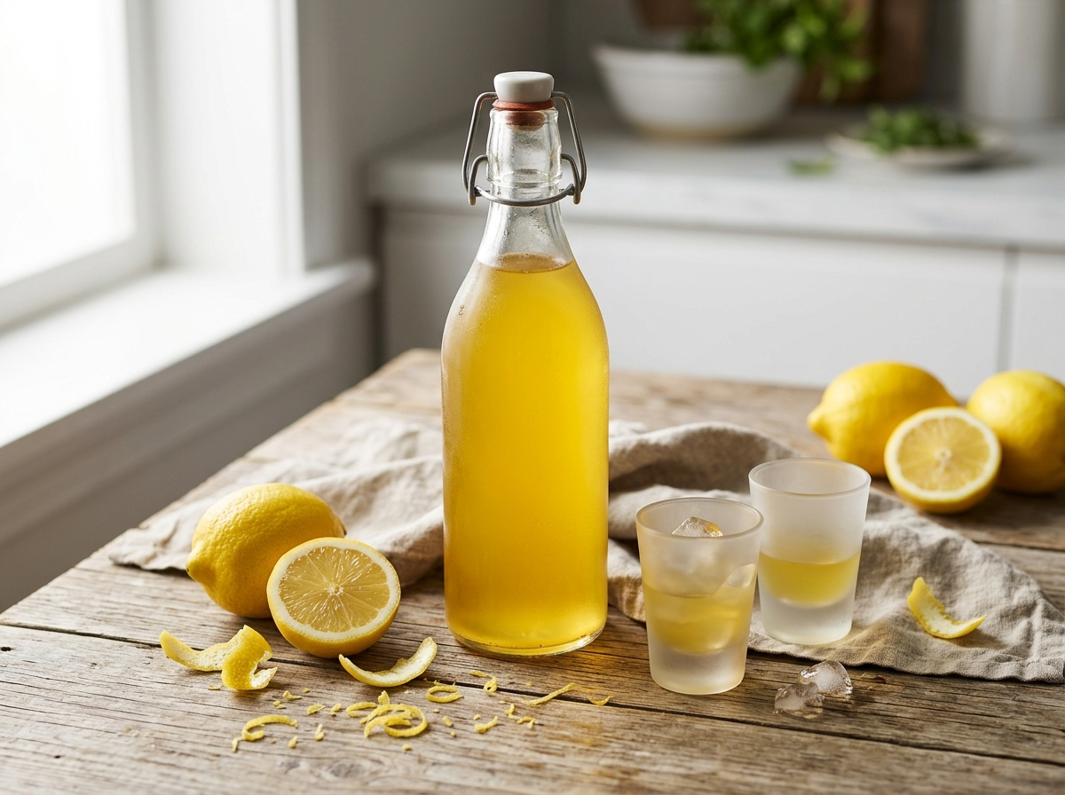 Bottle of golden homemade limoncello with frosted glasses, fresh lemons, and zest curls on a rustic wooden table