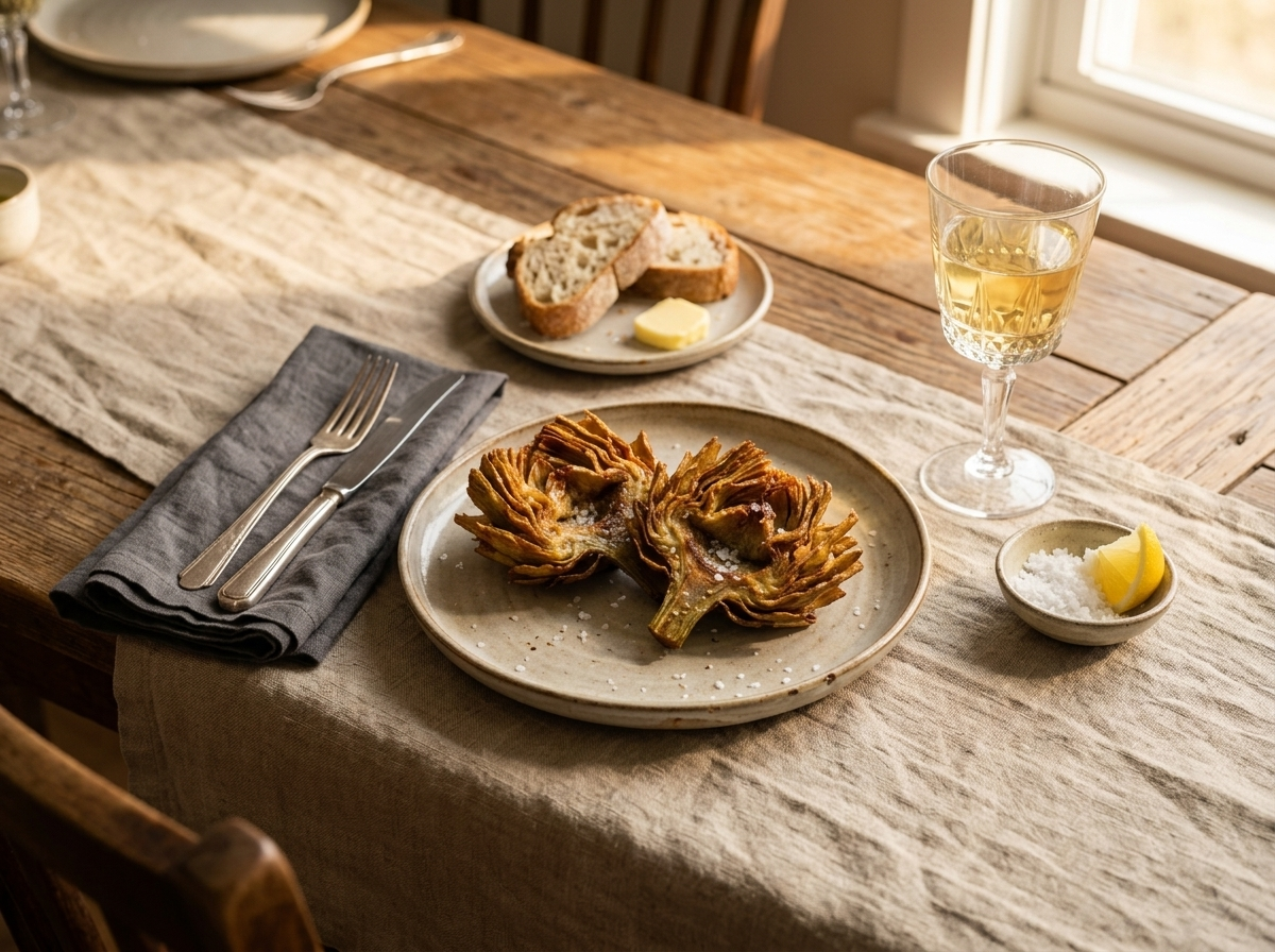 Plated carciofi alla giudia with lemon wedge and glass of white wine on a linen-covered table in warm light