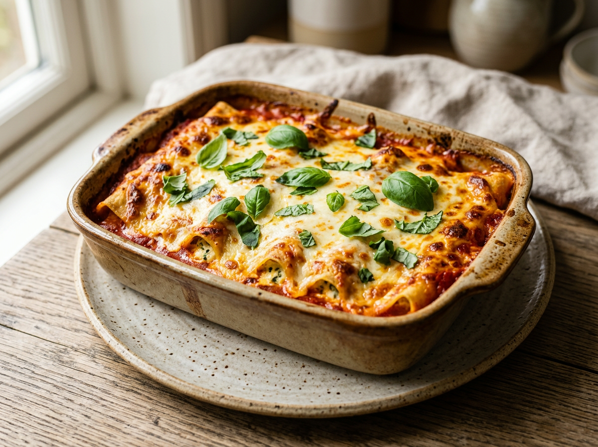Baked cannelloni alla sorrentina in a dish with golden mozzarella top and basil, tomato sauce visible at the edges