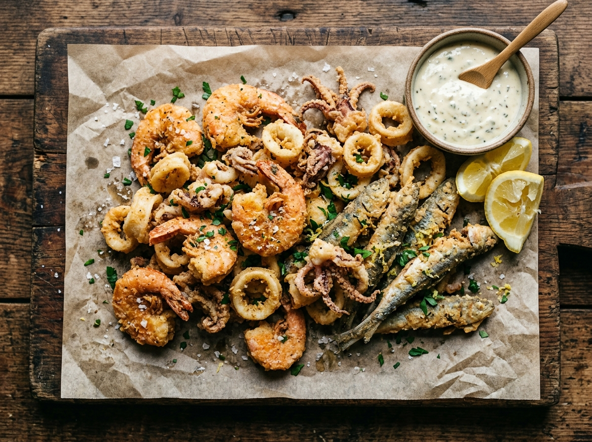 Golden fried shrimp, squid rings, and small whole fish piled on parchment with lemon wedges and flaky salt