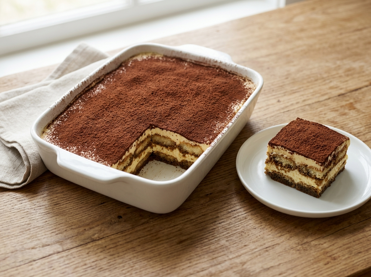 Tiramisu classico square lifted from the dish showing layered espresso-soaked savoiardi and cocoa-dusted mascarpone cream