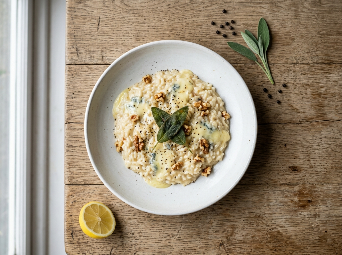 Creamy gorgonzola risotto topped with toasted walnuts and a fried sage leaf, served in a shallow white bowl