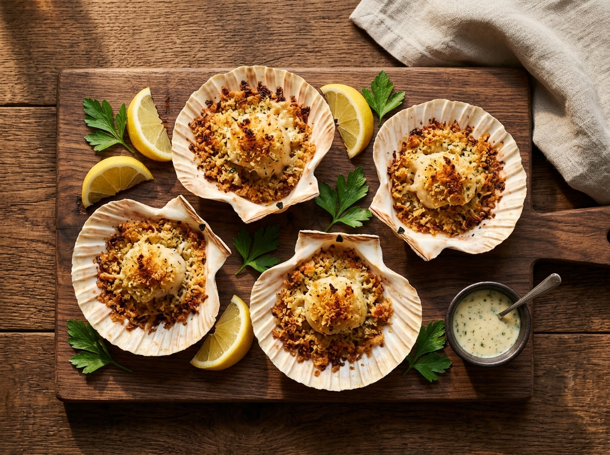 Golden broiled capesante gratinate in scallop shells with garlic breadcrumb topping and lemon wedges on a wooden board