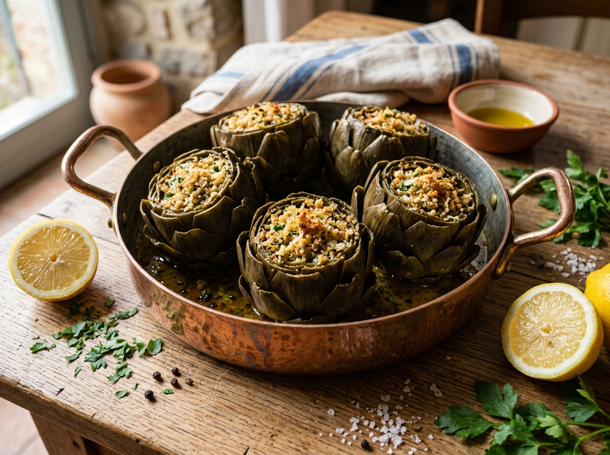 Whole carciofi ripieni stuffed with garlic parmesan breadcrumbs, braised in a copper pan with lemon and parsley on the side