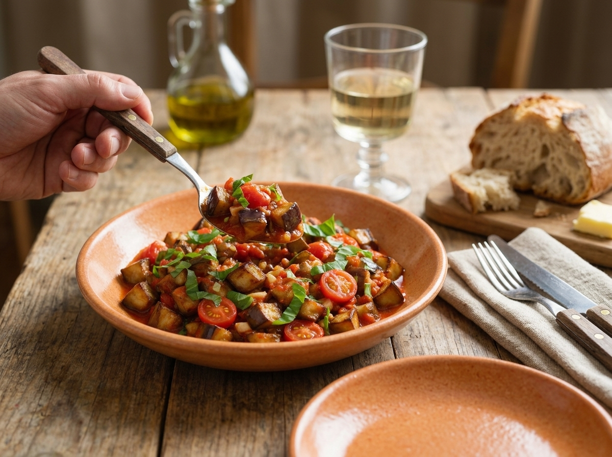 Table set with crusty bread, a glass of white wine and hands spooning eggplant funghetto onto a plate