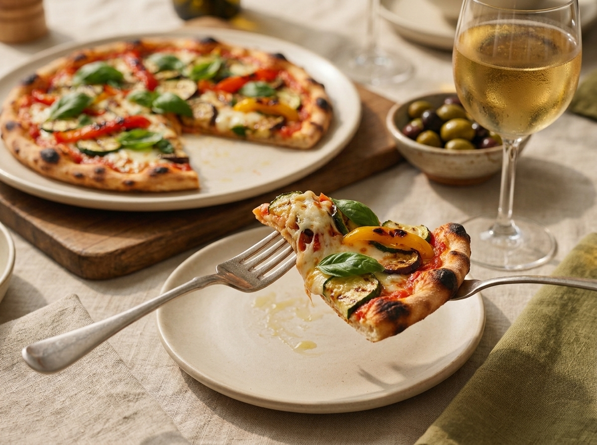 A slice of pizza ortolana being lifted from the pan at a rustic dinner table with linen napkins and a glass of white wine