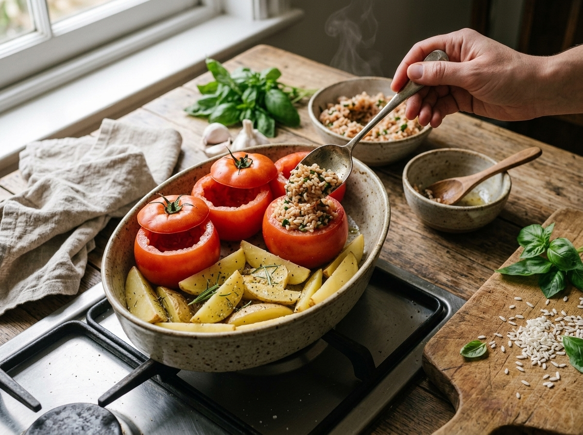 Hands spooning garlic and basil rice filling into hollowed tomatoes set in a baking dish before roasting