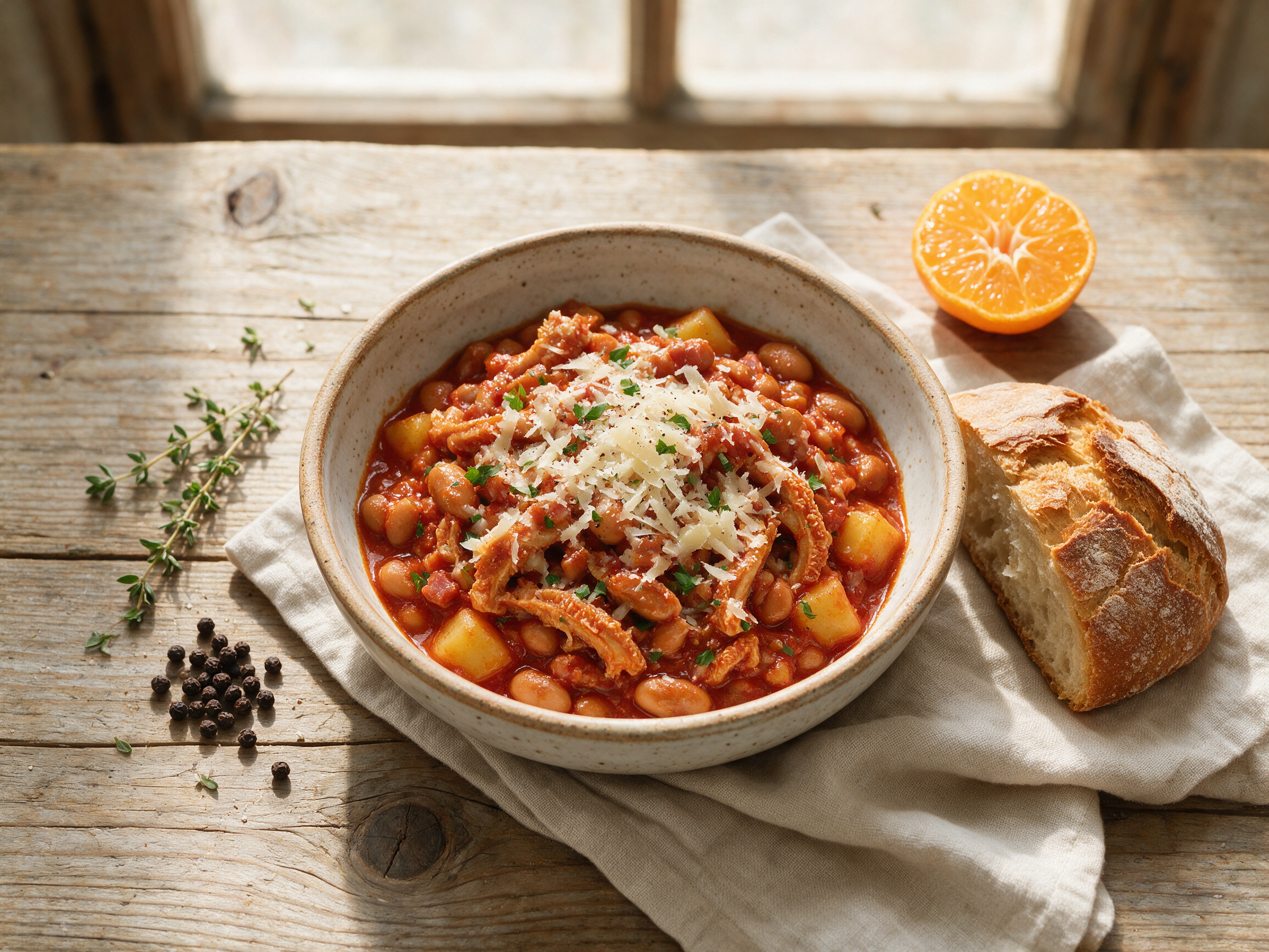 A rustic bowl of trippa alla Valtellinese al Pomodoro with tripe and borlotti beans in tomato sauce, melted cheese on top