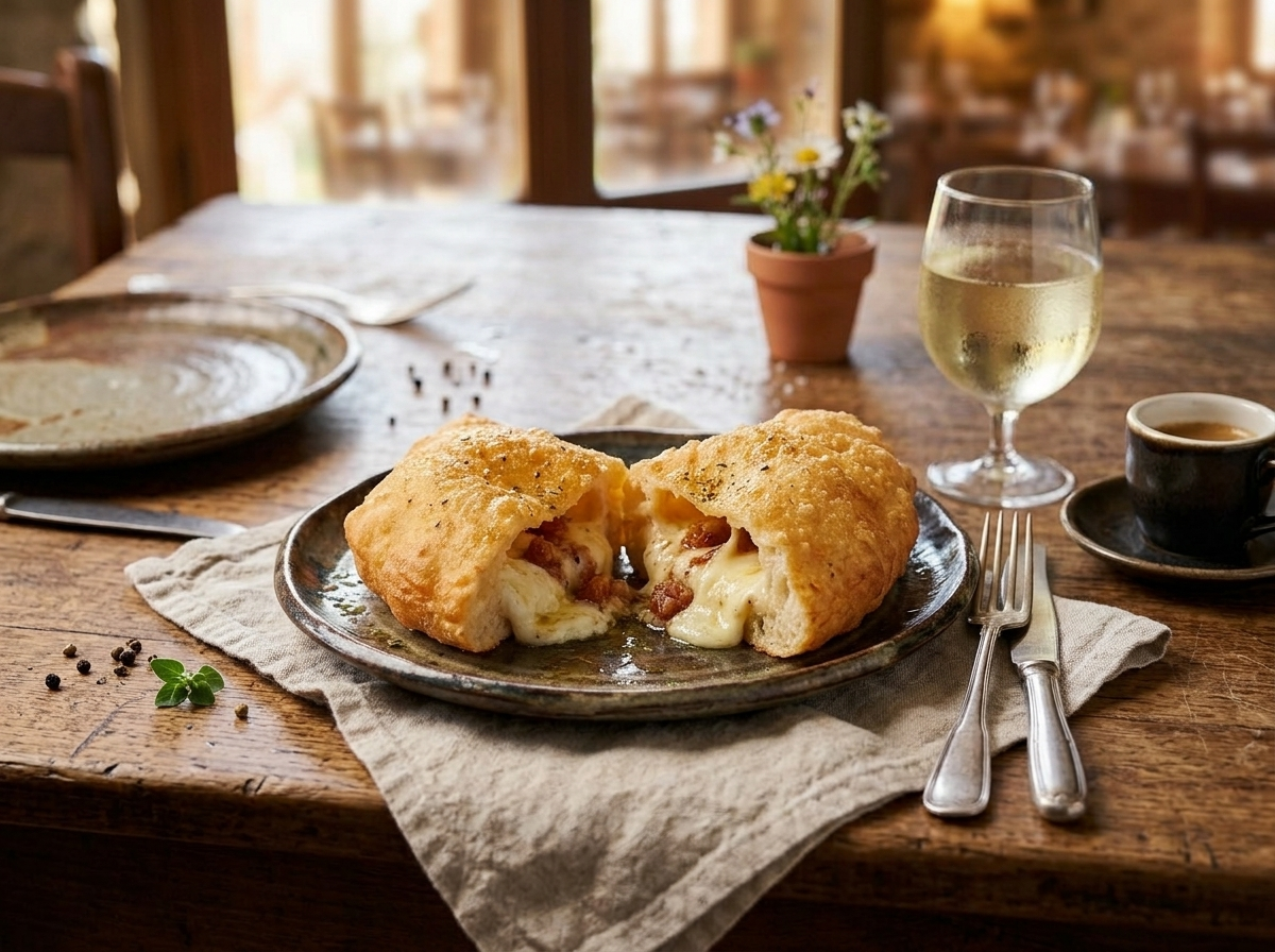 Two halves of pizza fritta napoletana plated with wine and espresso on a marble table