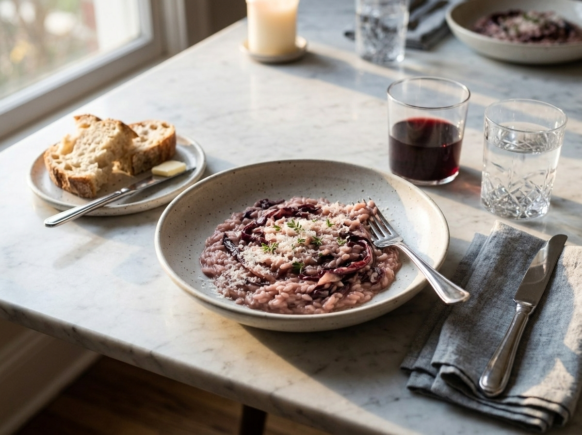 Plated risotto al radicchio di Treviso on a marble table with a glass of red wine and crusty bread beside it
