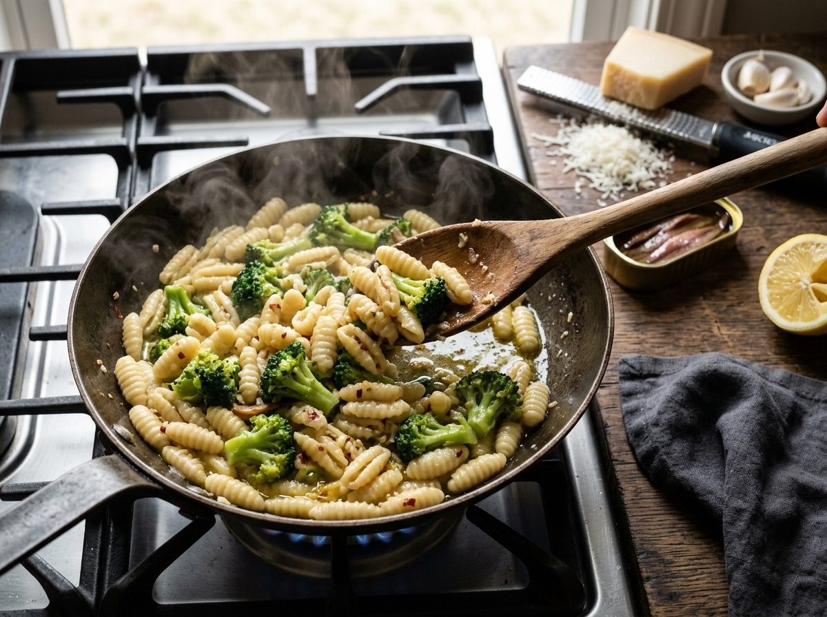 Skillet of cavatelli and broccoli being tossed in garlic anchovy oil with a wooden spoon on the stove