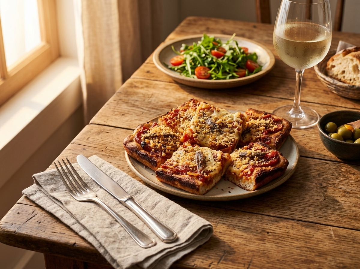 Plate of warm sfincione palermitano squares served with white wine and olives on a linen-covered table