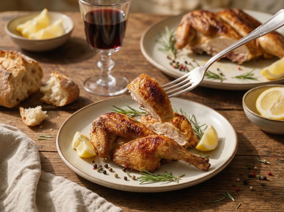 Carved galletto al mattone plated at a rustic table with crusty bread, a glass of Chianti, and a linen napkin.