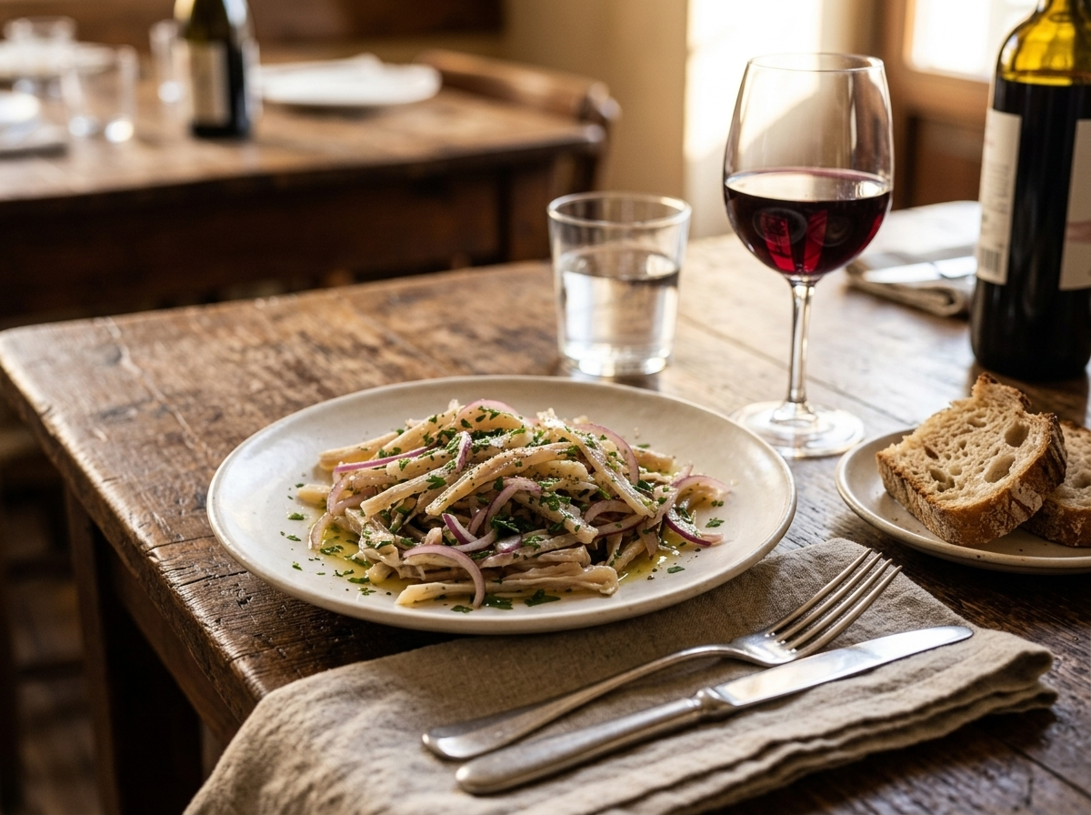 Plate of insalata di nervetti served with crusty bread and a glass of red wine on a linen-set table