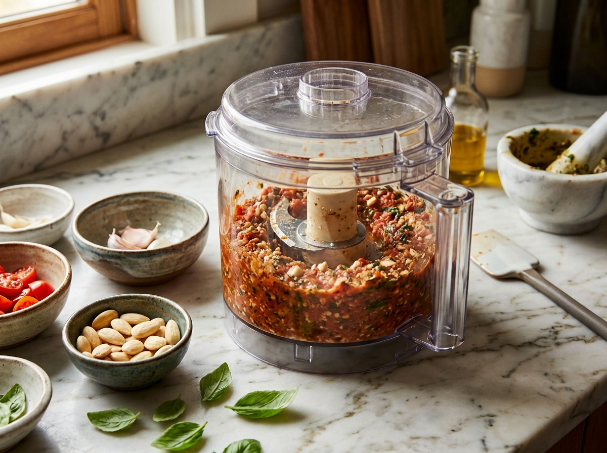 Food processor blending chopped tomatoes, toasted almonds, garlic and basil into a coarse Pesto alla Trapanese