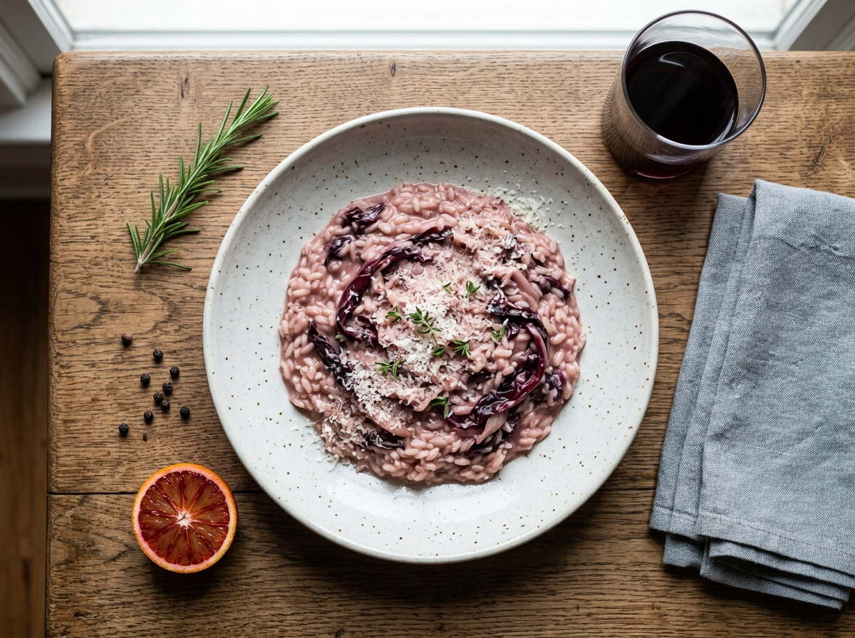 Overhead view of risotto al radicchio di Treviso in a bowl with pink-stained rice, purple radicchio ribbons, and grated parmesan on top