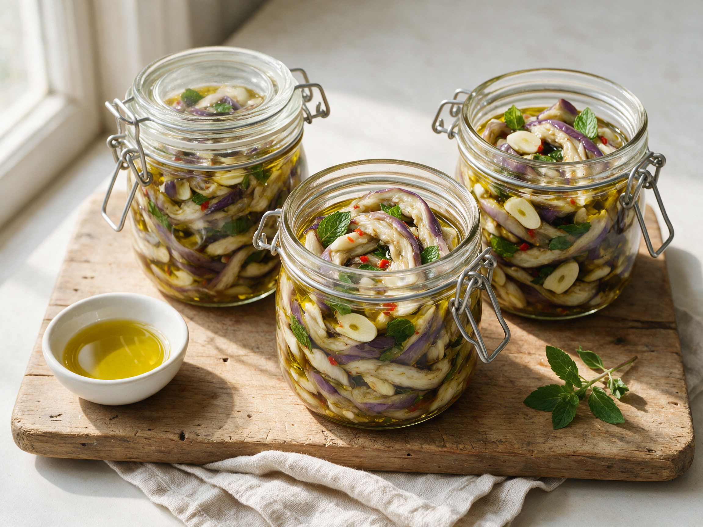 Overhead view of glass jars packed with vinegar-cured eggplant strips, sliced garlic, and mint under golden olive oil on a wooden board