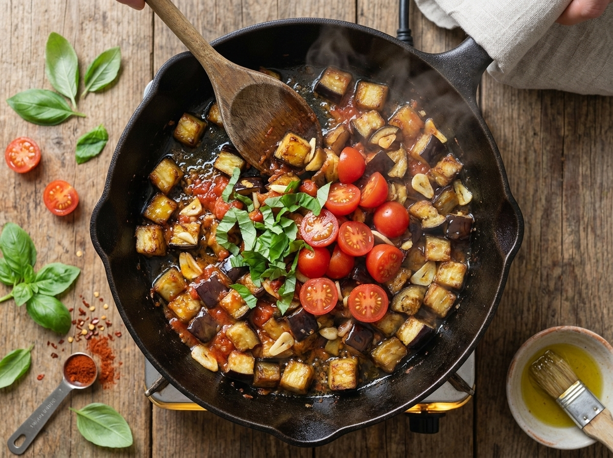 Cast-iron skillet with golden eggplant cubes and sliced garlic sizzling in olive oil, wooden spoon stirring over the flame