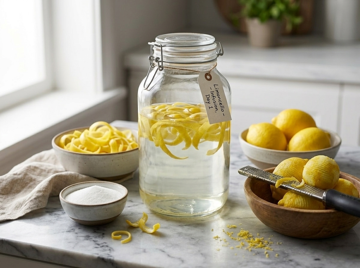 Hands peeling lemon zest into a glass jar of alcohol during the limoncello fatto in casa infusion step
