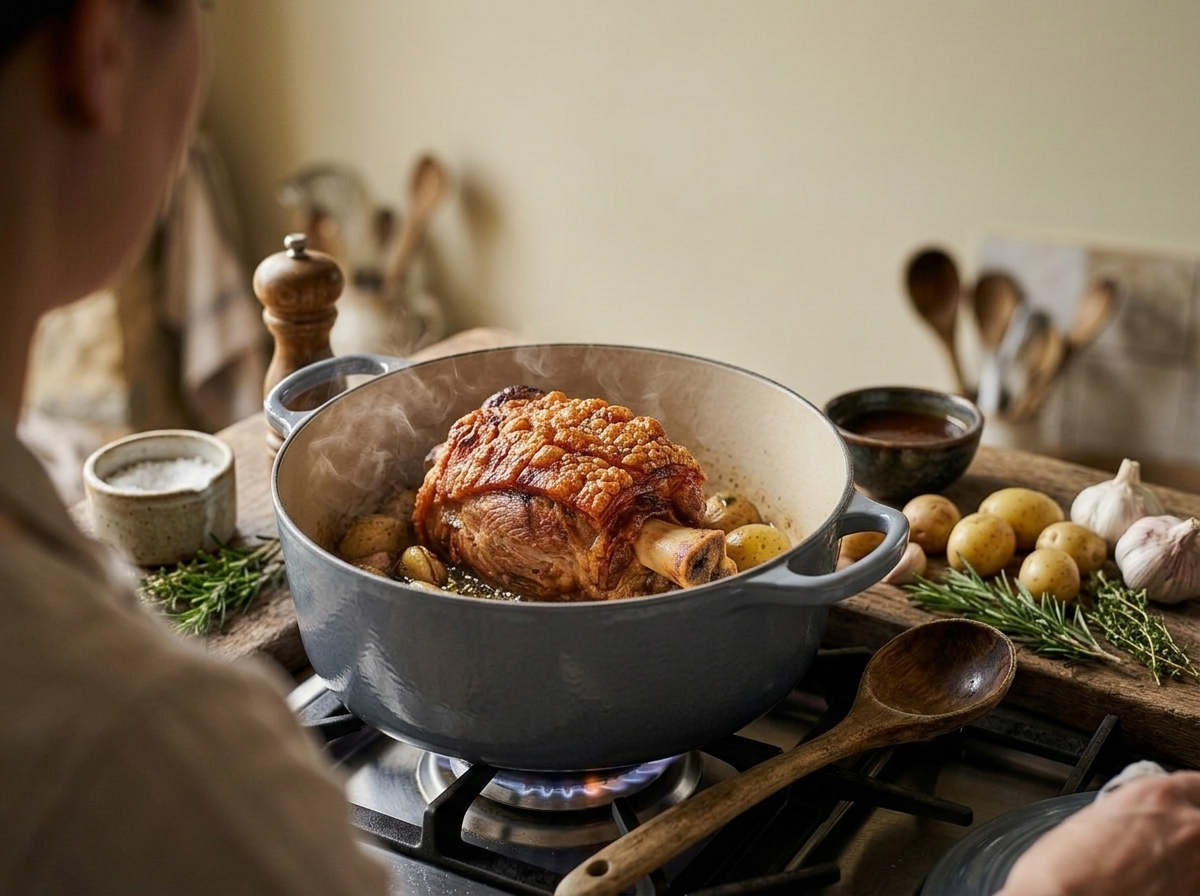 Pork shank searing in a Dutch oven with olive oil and rosemary before braising in wine and stock