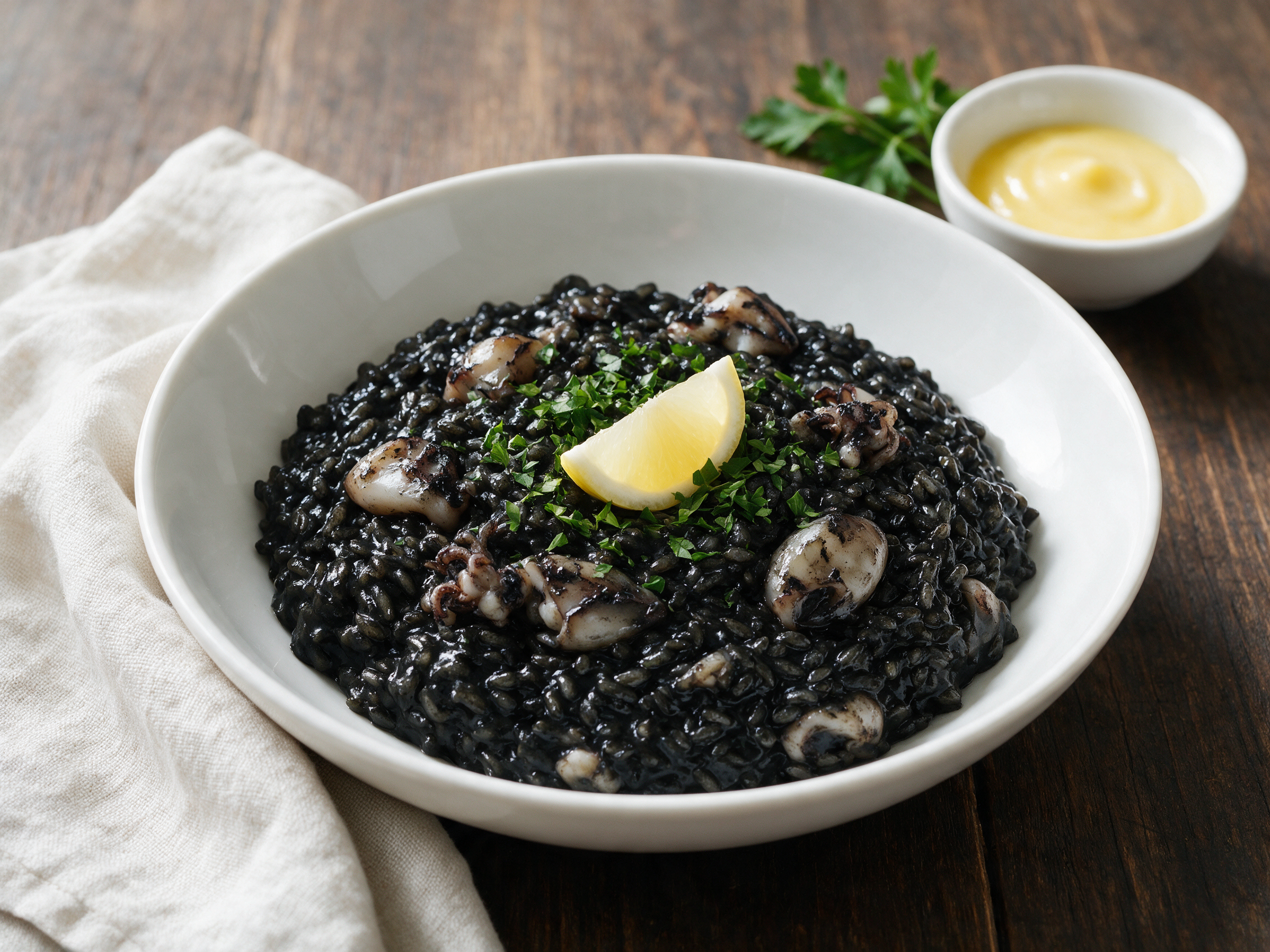 Overhead view of glossy black risotto al nero di seppia in a wide bowl with a lemon wedge and scattered parsley on a dark table