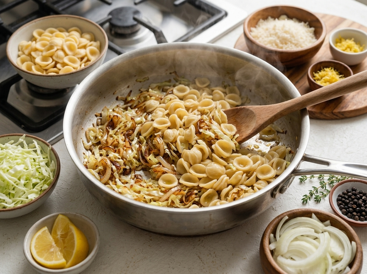 Thinly sliced cabbage and onion caramelizing in a wide skillet, edges turning golden as a wooden spoon stirs through the pan