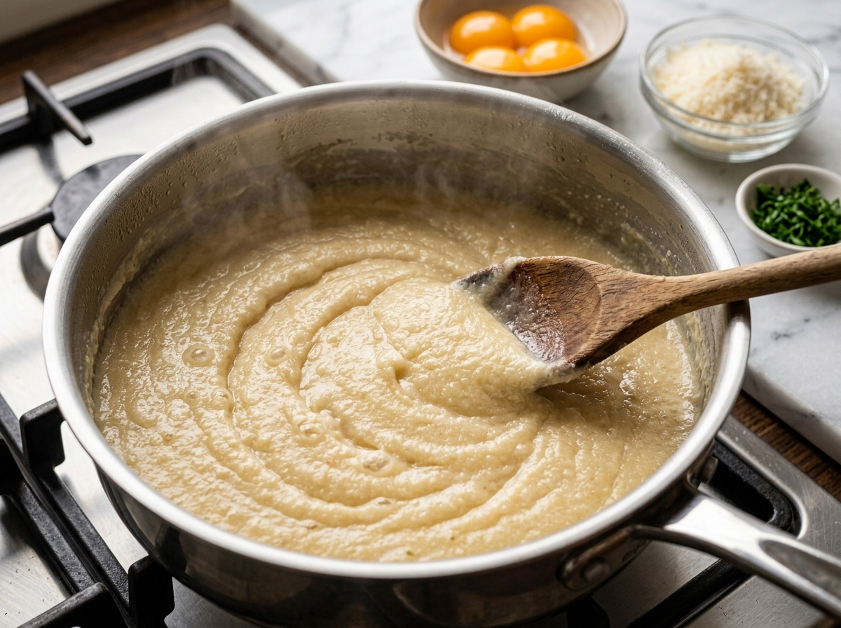 Wooden spoon stirring thick semolina mixture in a saucepan while cooking the base for gnocchi alla romana
