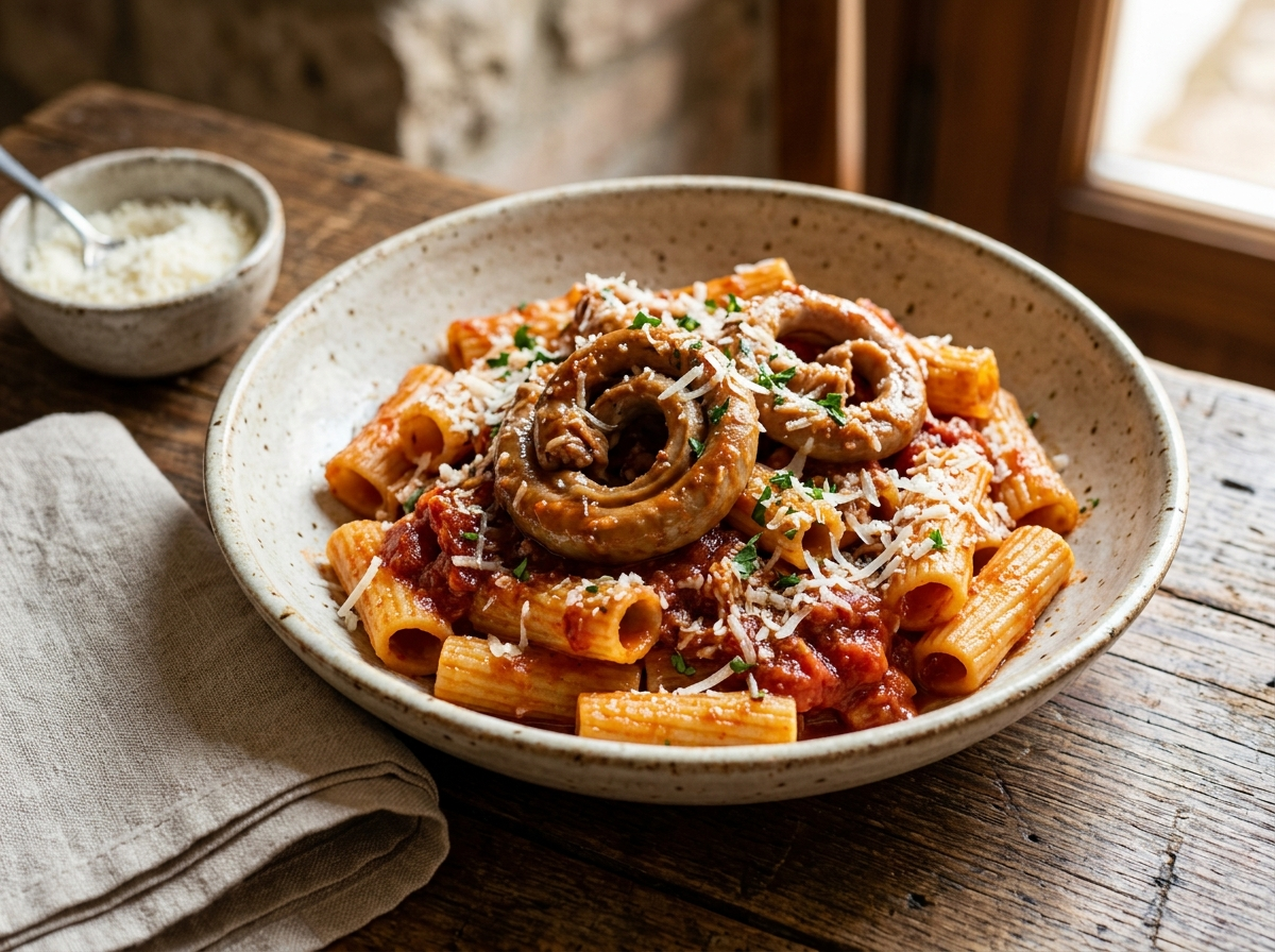 Bowl of rigatoni con la pajata with coiled veal pajata rings, tomato sauce, and grated pecorino romano on a wooden table