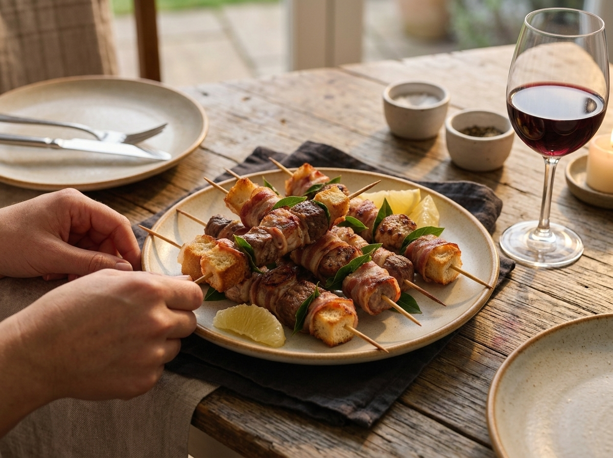 Platter of grilled mixed meat skewers on an outdoor table with linen napkin, wine glass, and hands reaching in
