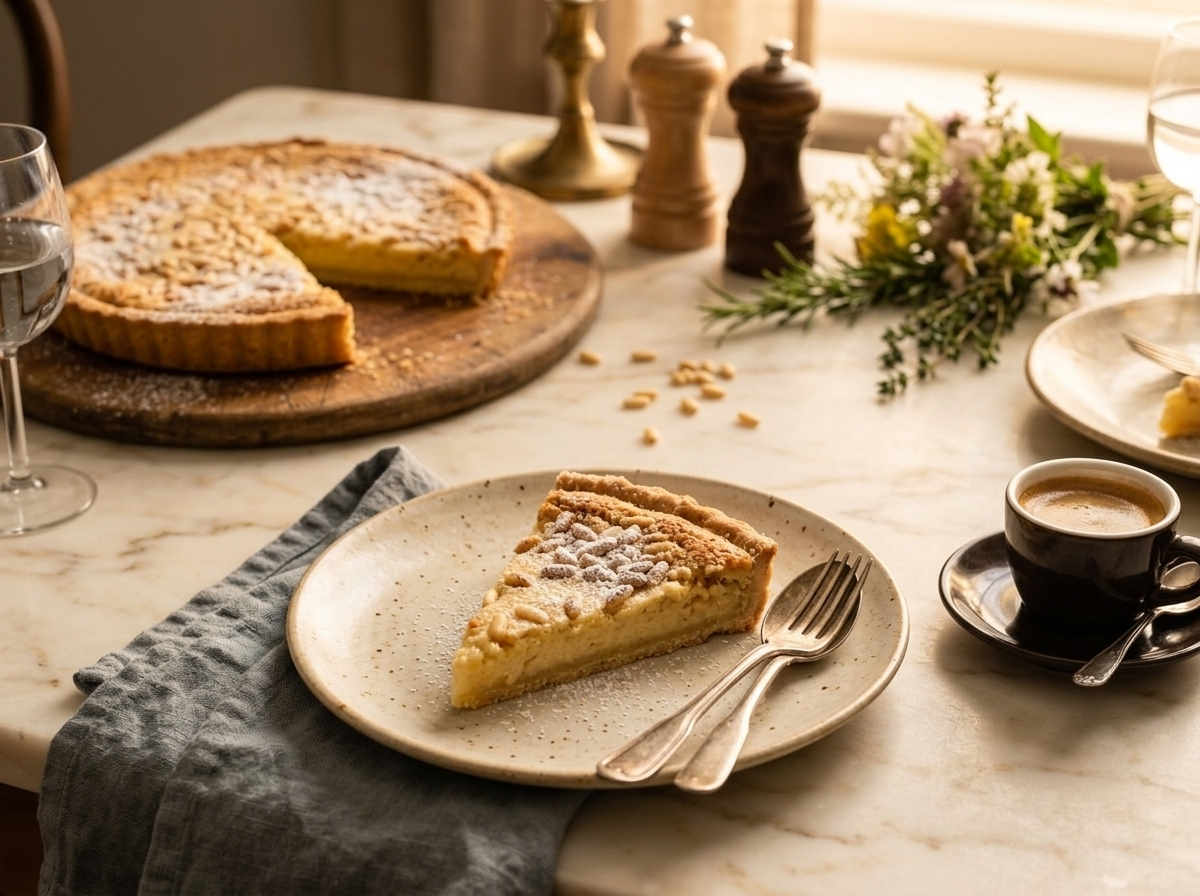 Slice of Torta della Nonna on a plate with espresso, dusted with powdered sugar and topped with pine nuts