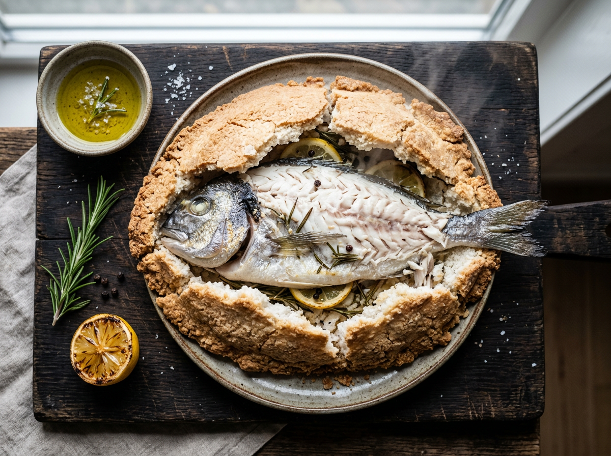 Whole orata al sale with a cracked golden salt crust on a wooden board, steam rising, lemon and rosemary scattered around