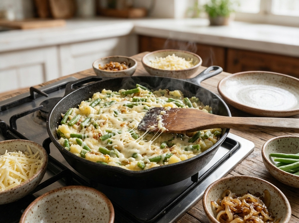 Wooden spatula pressing mashed potato and green bean mixture flat in a cast iron skillet with melted cheese strings showing