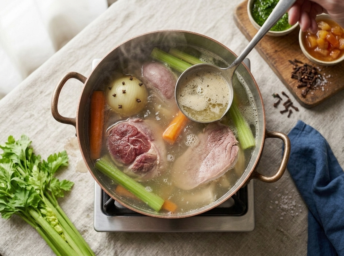 Beef shin and veal tongue simmering gently in broth with carrots, celery, and clove-studded onion in a stockpot