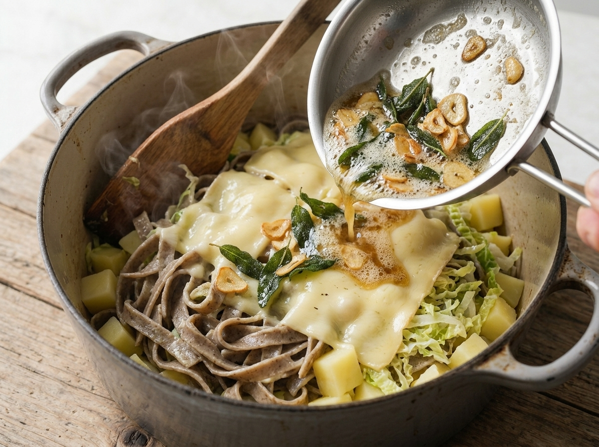 Hands ladling hot sage butter and golden garlic over layered buckwheat pasta, potatoes, and sliced Casera in a warmed pot