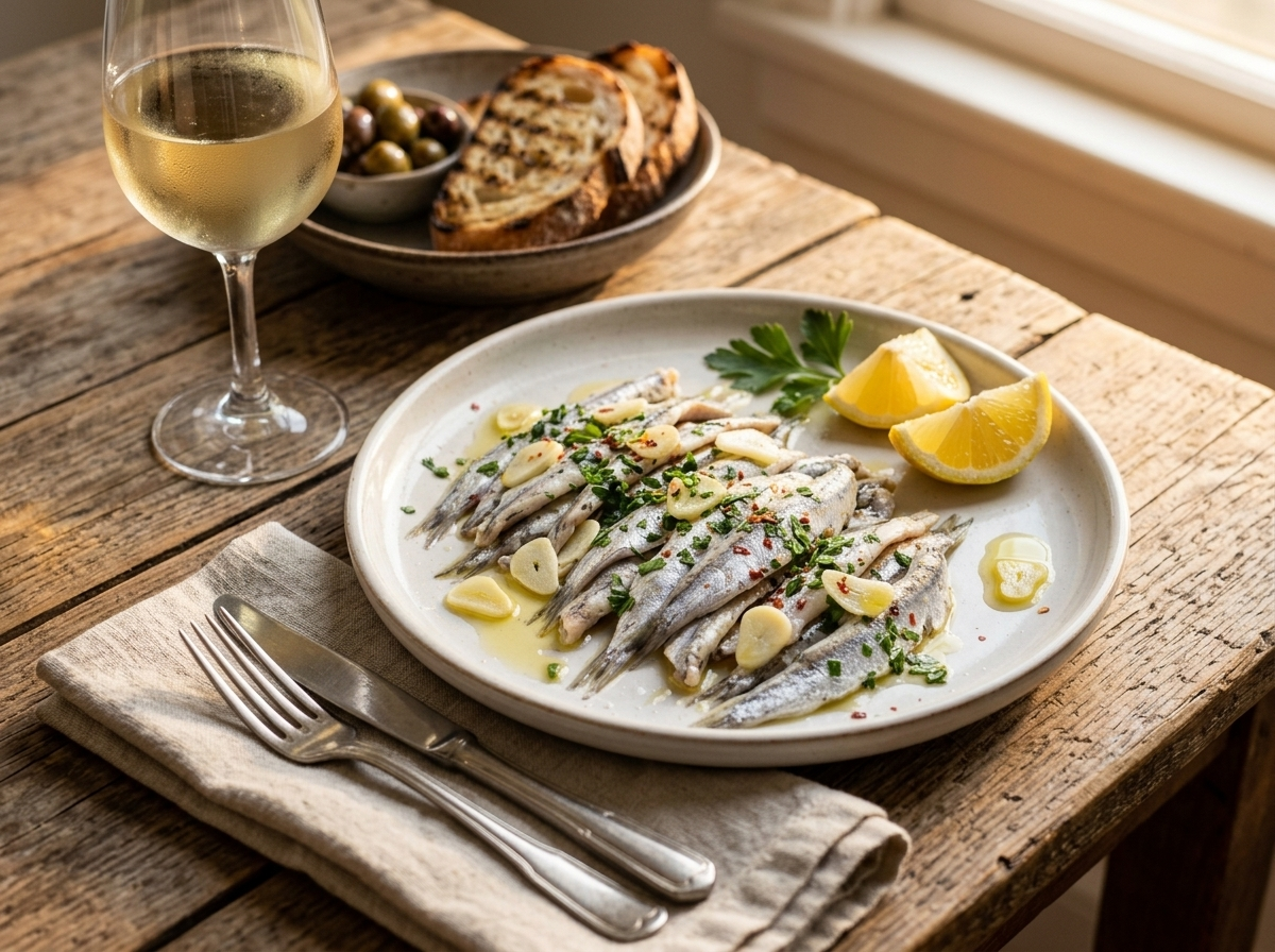 Small plate of marinated anchovies served with crusty bread and a glass of white wine on a linen napkin